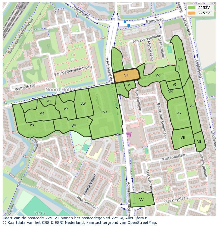 Afbeelding van het postcodegebied 2253 VT op de kaart.