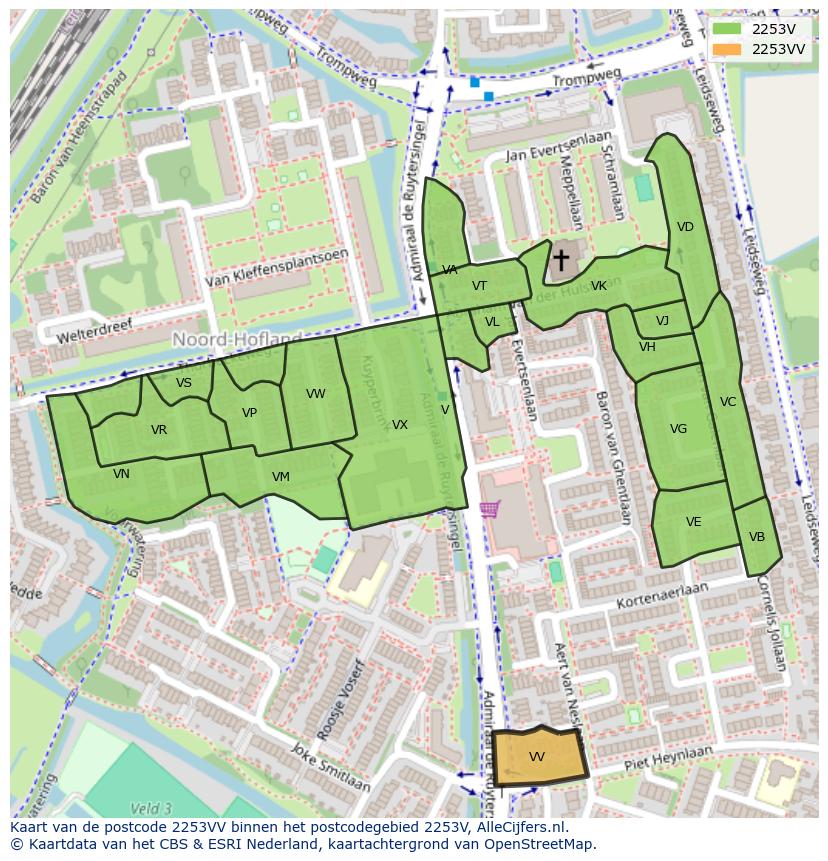 Afbeelding van het postcodegebied 2253 VV op de kaart.