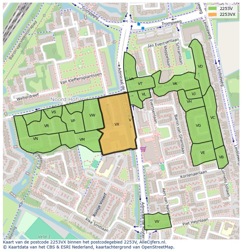 Afbeelding van het postcodegebied 2253 VX op de kaart.