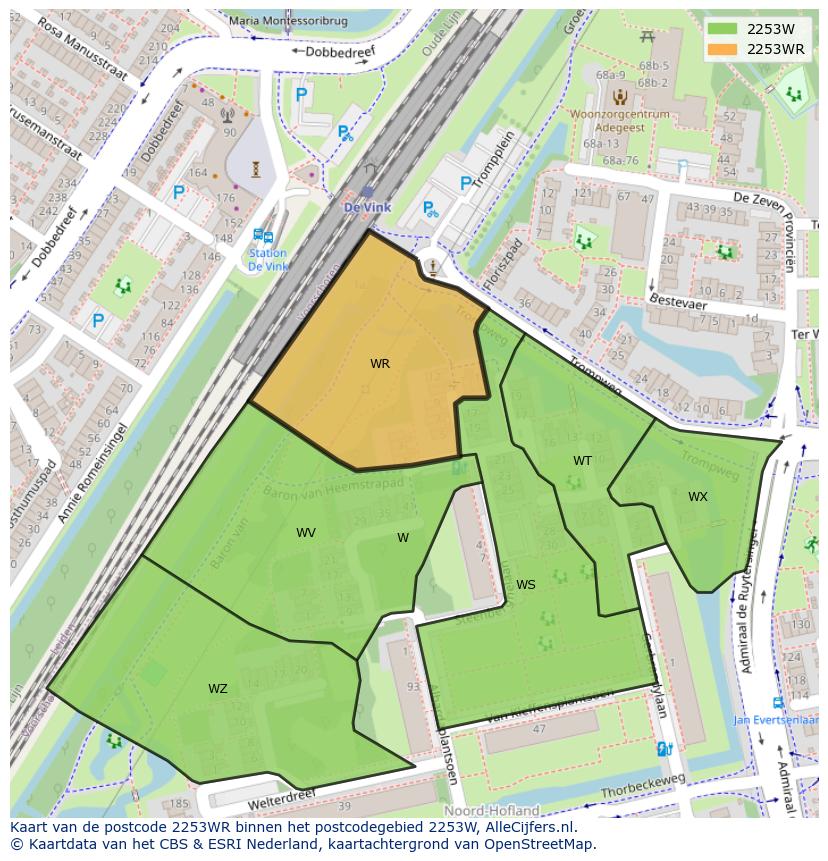 Afbeelding van het postcodegebied 2253 WR op de kaart.