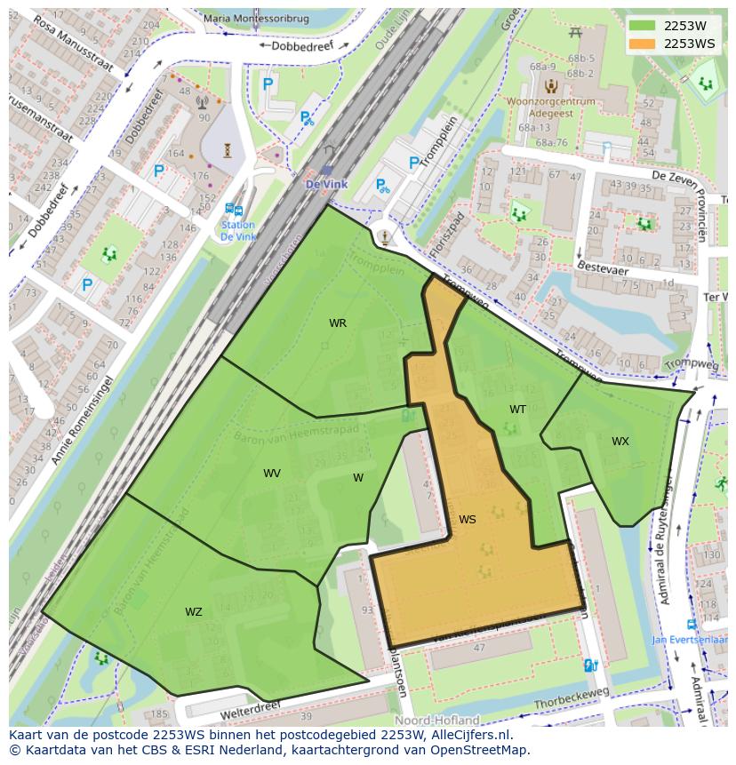 Afbeelding van het postcodegebied 2253 WS op de kaart.