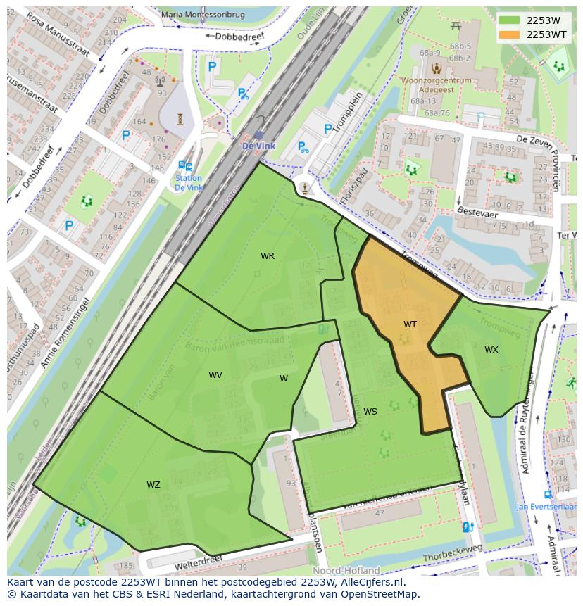 Afbeelding van het postcodegebied 2253 WT op de kaart.