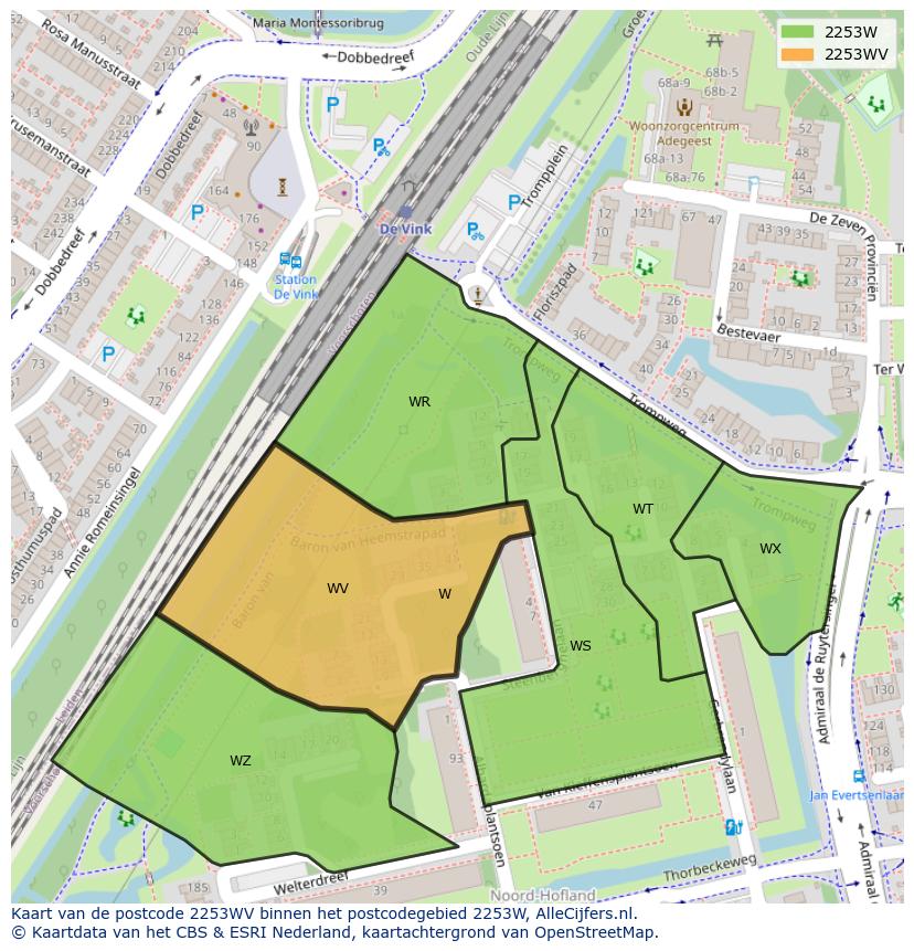 Afbeelding van het postcodegebied 2253 WV op de kaart.