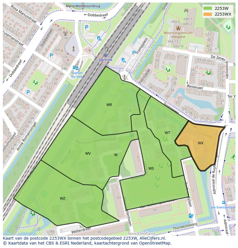 Afbeelding van het postcodegebied 2253 WX op de kaart.