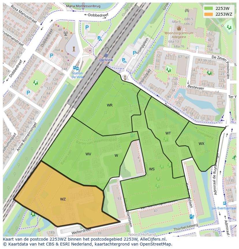 Afbeelding van het postcodegebied 2253 WZ op de kaart.
