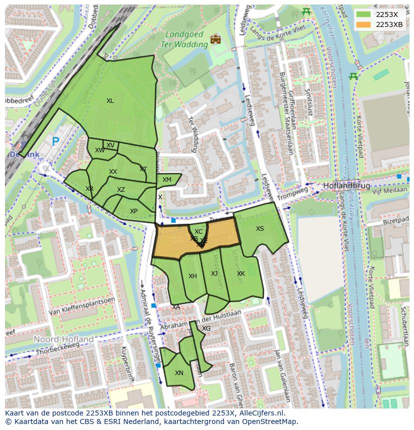 Afbeelding van het postcodegebied 2253 XB op de kaart.