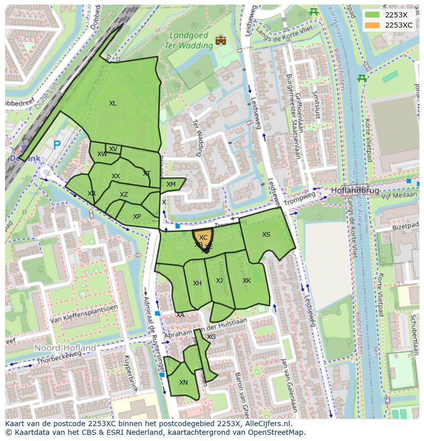 Afbeelding van het postcodegebied 2253 XC op de kaart.