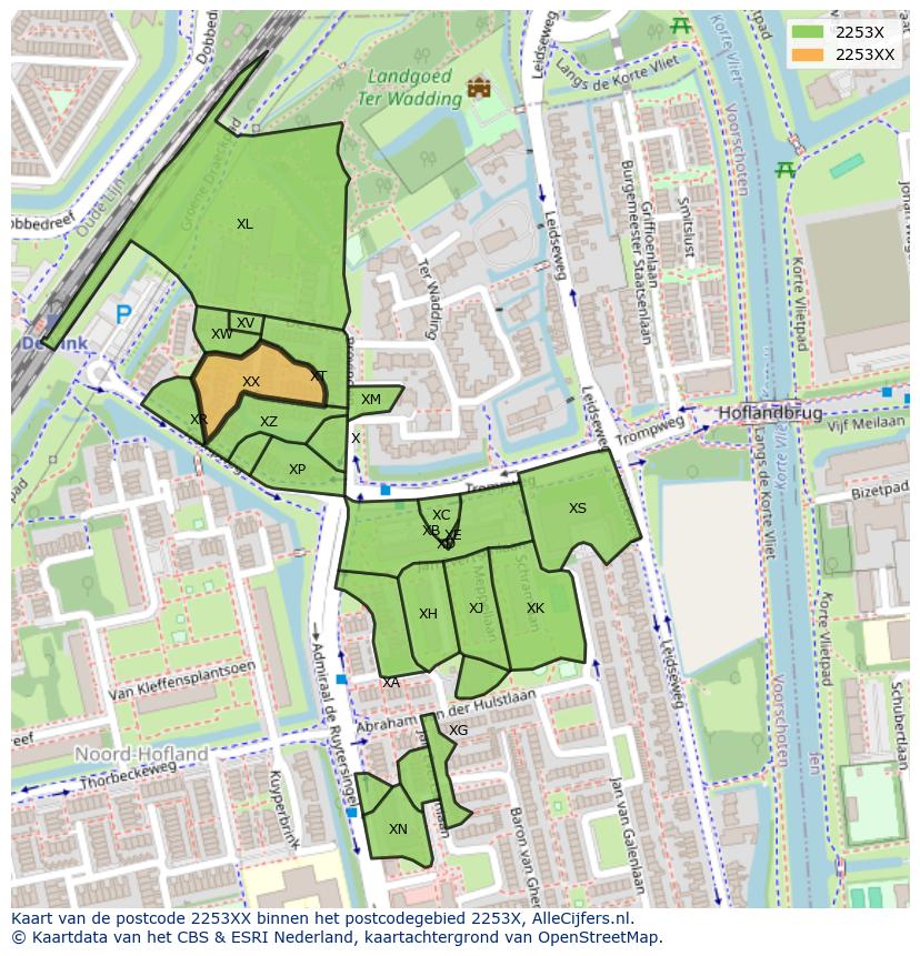 Afbeelding van het postcodegebied 2253 XX op de kaart.
