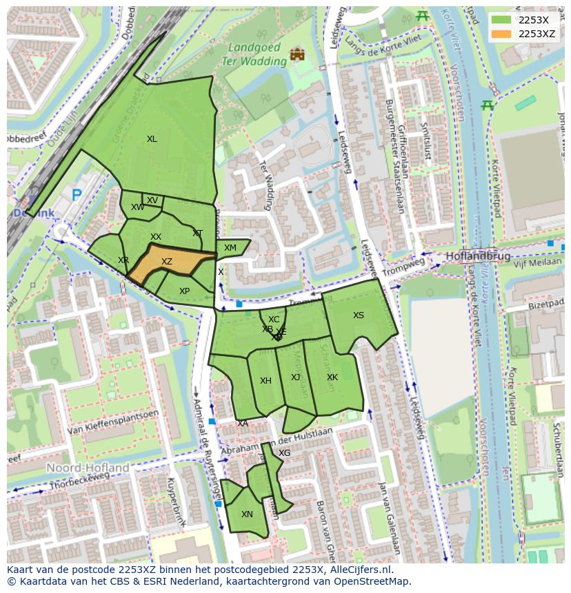 Afbeelding van het postcodegebied 2253 XZ op de kaart.