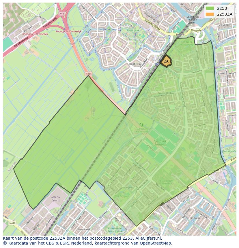 Afbeelding van het postcodegebied 2253 ZA op de kaart.