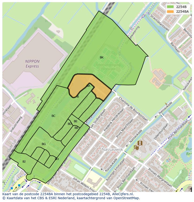 Afbeelding van het postcodegebied 2254 BA op de kaart.