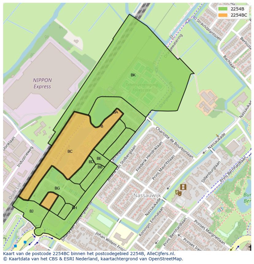 Afbeelding van het postcodegebied 2254 BC op de kaart.