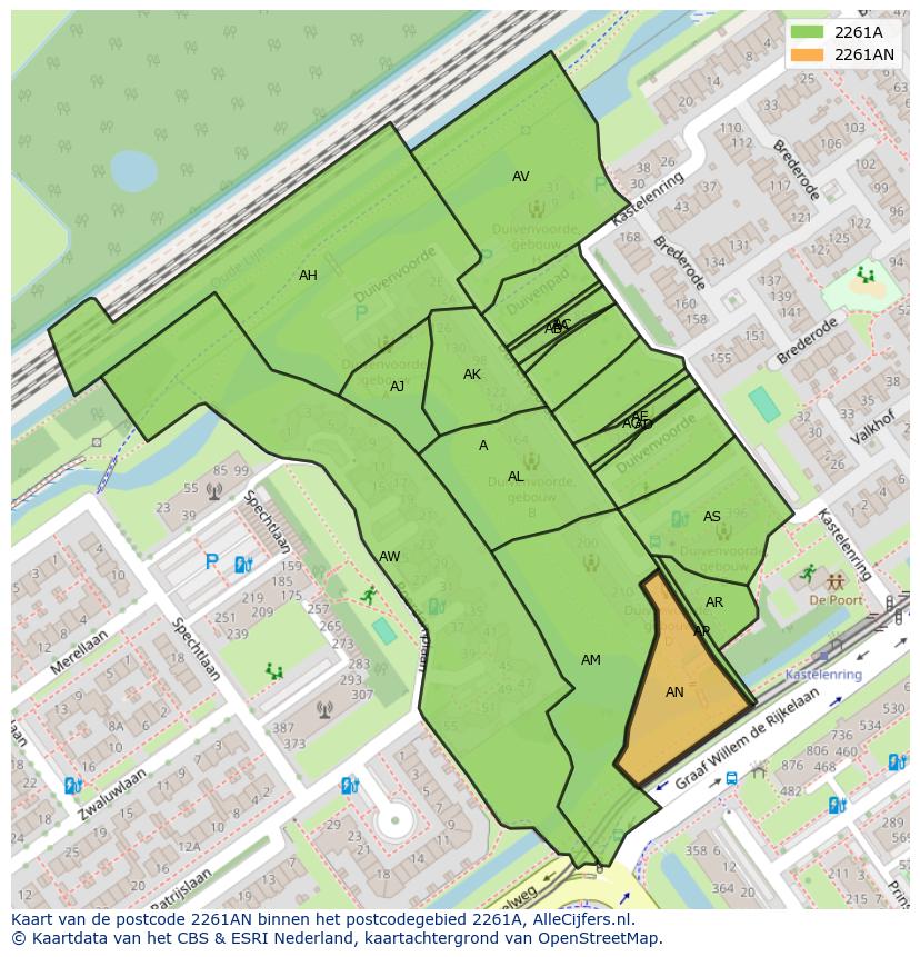 Afbeelding van het postcodegebied 2261 AN op de kaart.