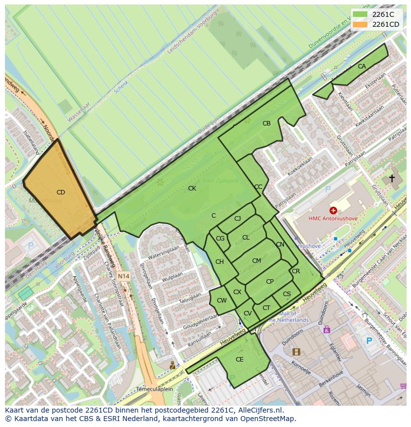 Afbeelding van het postcodegebied 2261 CD op de kaart.