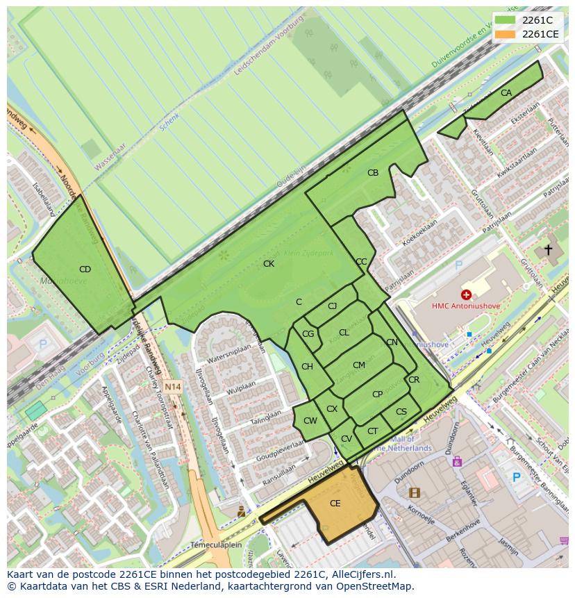 Afbeelding van het postcodegebied 2261 CE op de kaart.