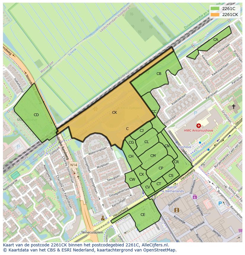 Afbeelding van het postcodegebied 2261 CK op de kaart.