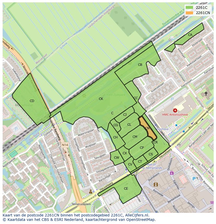 Afbeelding van het postcodegebied 2261 CN op de kaart.