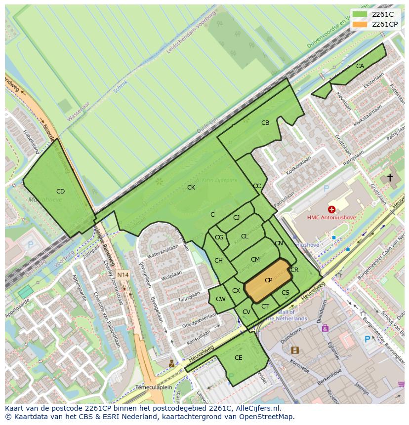 Afbeelding van het postcodegebied 2261 CP op de kaart.