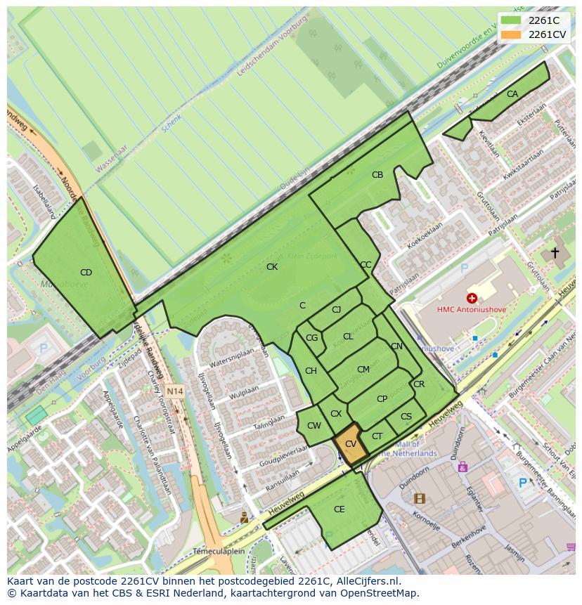 Afbeelding van het postcodegebied 2261 CV op de kaart.