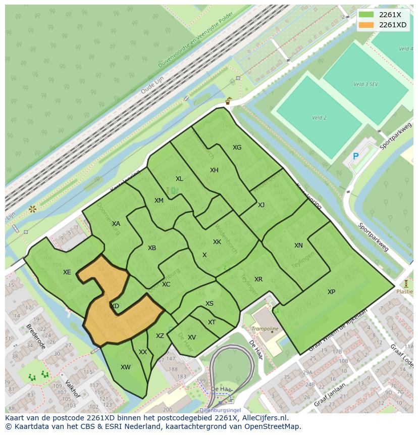 Afbeelding van het postcodegebied 2261 XD op de kaart.