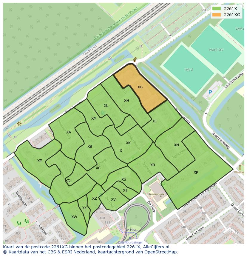 Afbeelding van het postcodegebied 2261 XG op de kaart.
