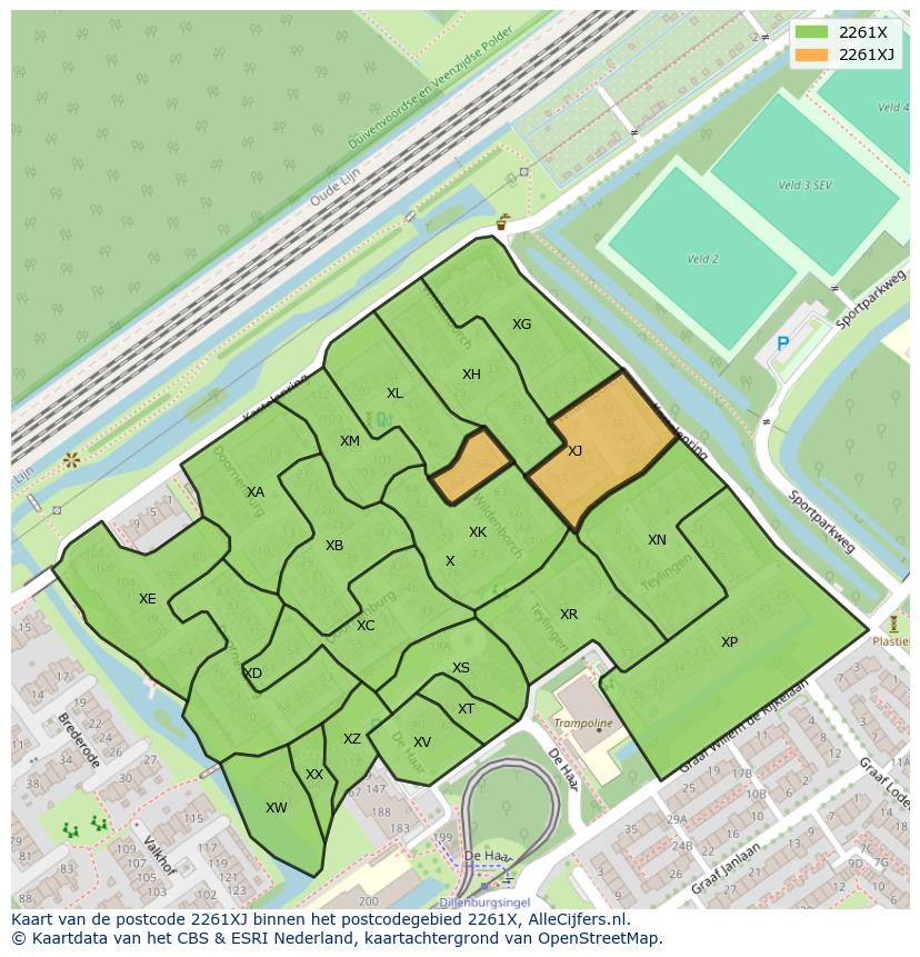Afbeelding van het postcodegebied 2261 XJ op de kaart.