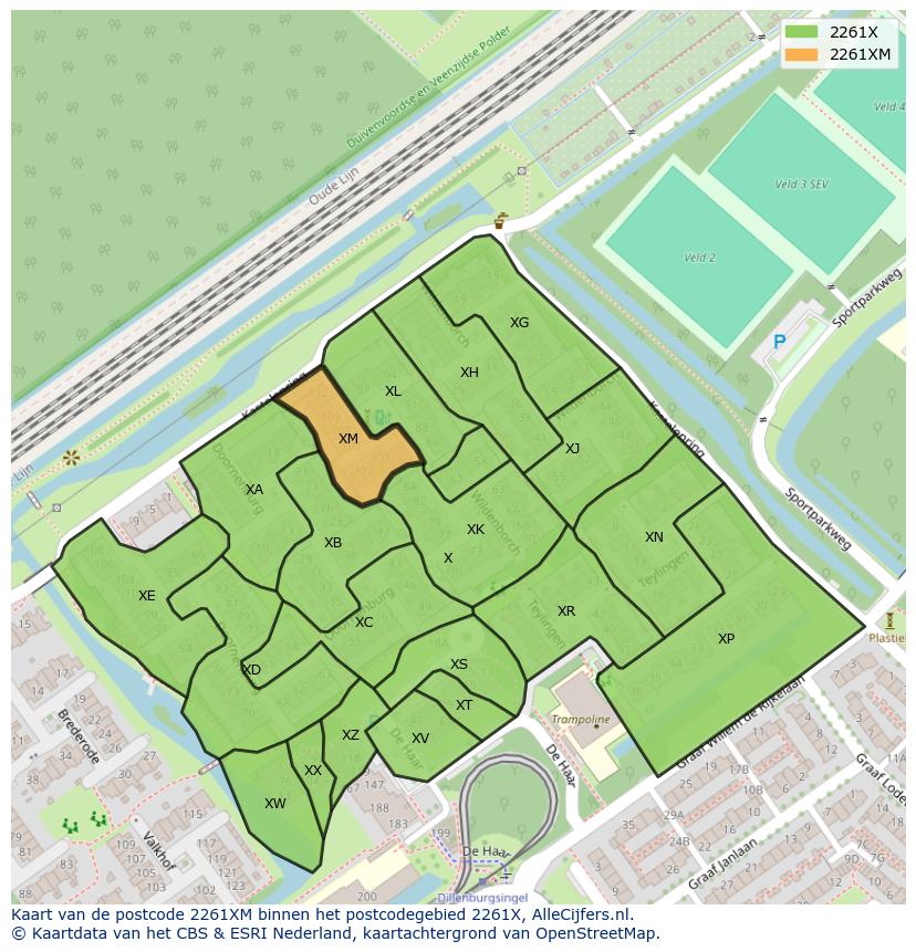 Afbeelding van het postcodegebied 2261 XM op de kaart.