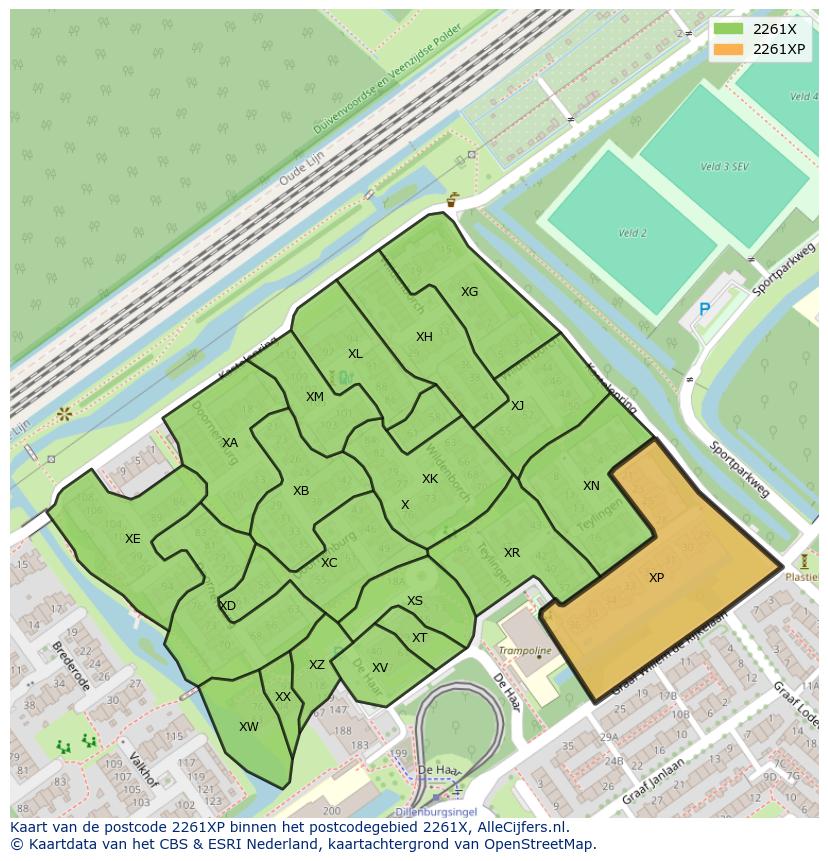 Afbeelding van het postcodegebied 2261 XP op de kaart.
