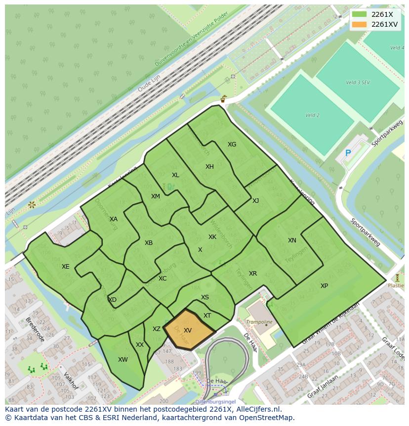 Afbeelding van het postcodegebied 2261 XV op de kaart.