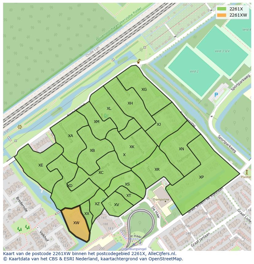 Afbeelding van het postcodegebied 2261 XW op de kaart.
