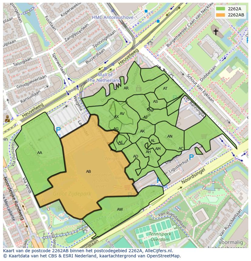 Afbeelding van het postcodegebied 2262 AB op de kaart.