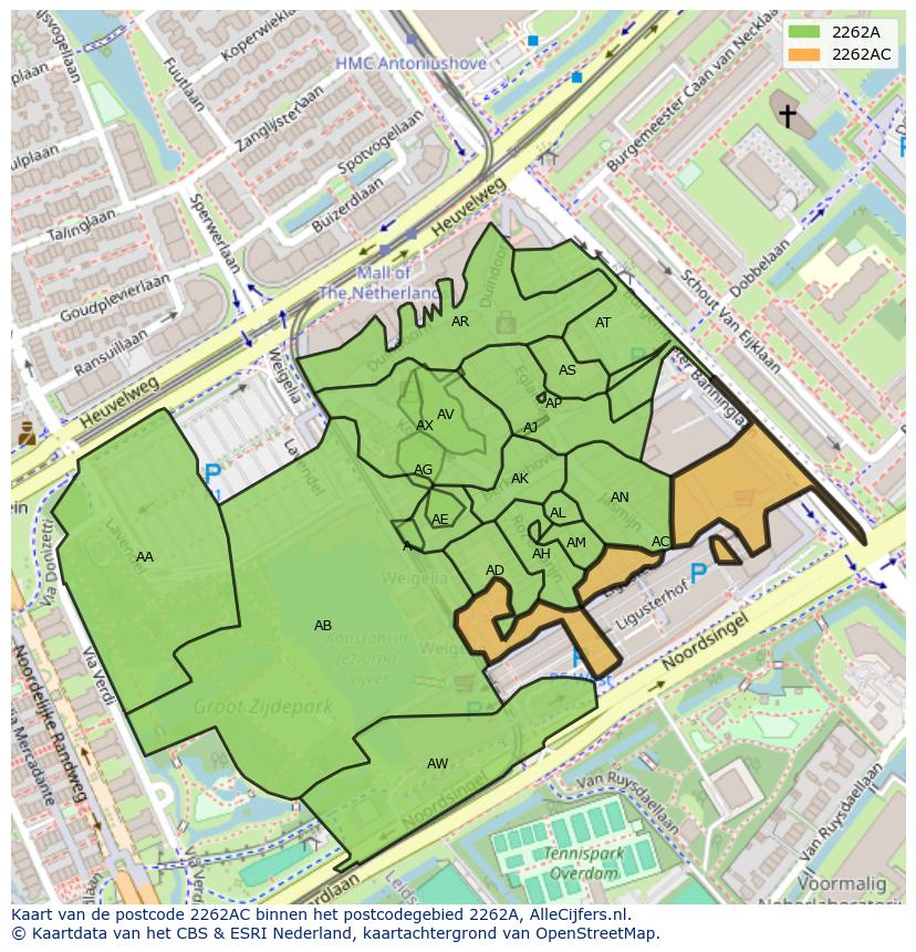 Afbeelding van het postcodegebied 2262 AC op de kaart.