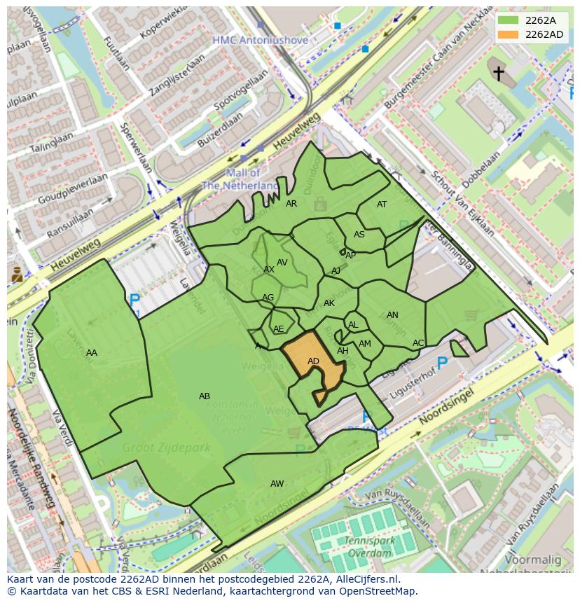 Afbeelding van het postcodegebied 2262 AD op de kaart.