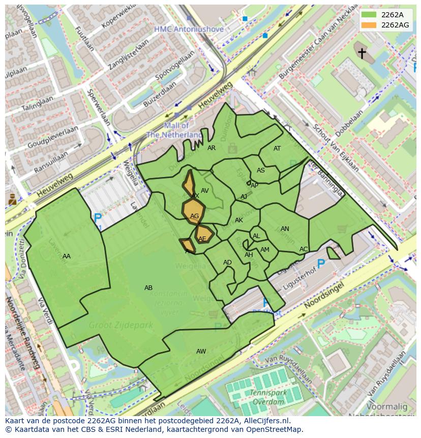 Afbeelding van het postcodegebied 2262 AG op de kaart.