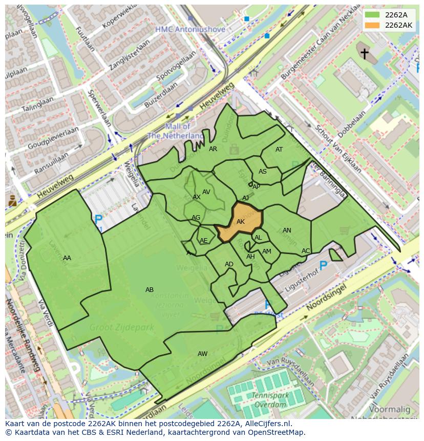 Afbeelding van het postcodegebied 2262 AK op de kaart.