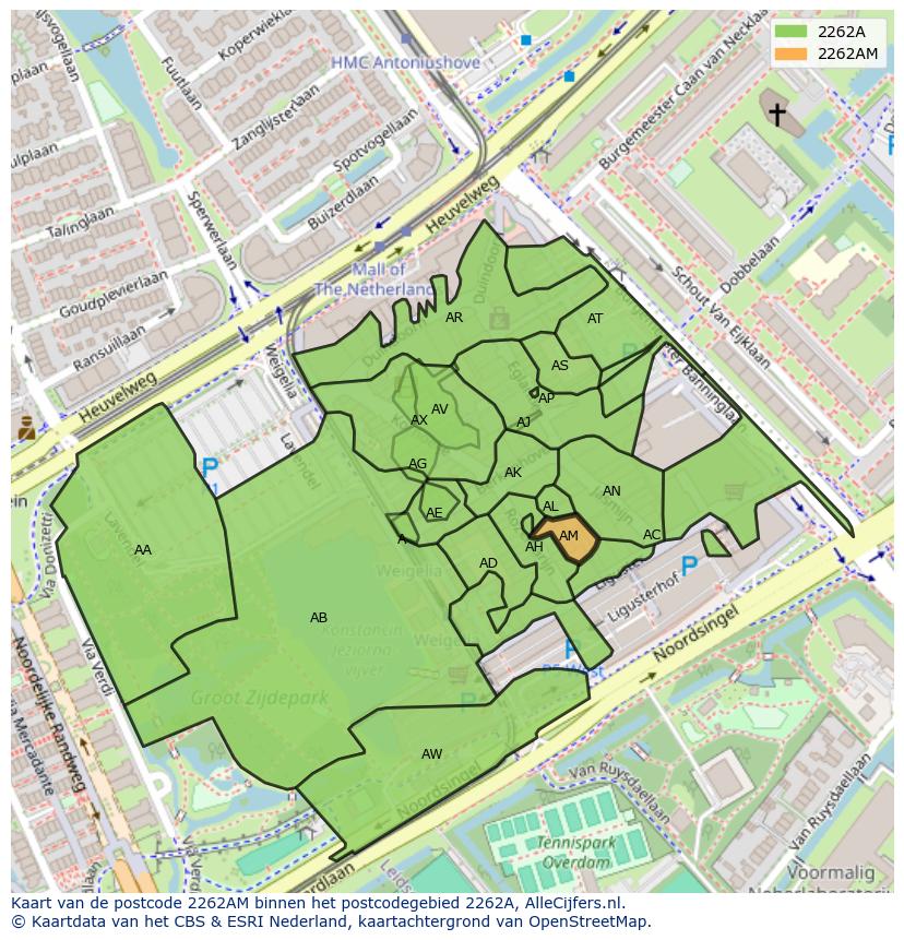 Afbeelding van het postcodegebied 2262 AM op de kaart.