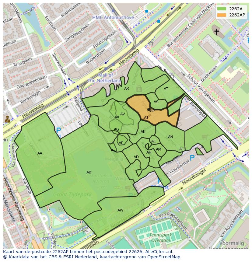 Afbeelding van het postcodegebied 2262 AP op de kaart.
