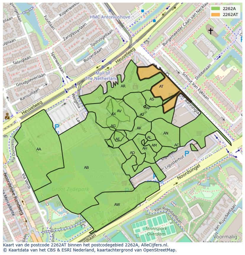 Afbeelding van het postcodegebied 2262 AT op de kaart.