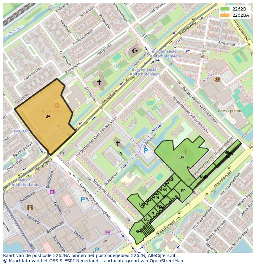 Afbeelding van het postcodegebied 2262 BA op de kaart.