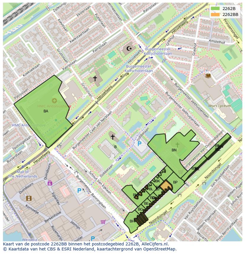Afbeelding van het postcodegebied 2262 BB op de kaart.