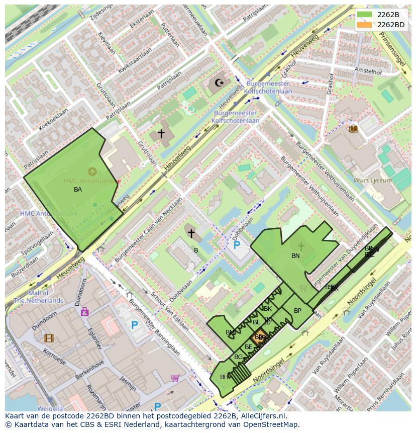 Afbeelding van het postcodegebied 2262 BD op de kaart.