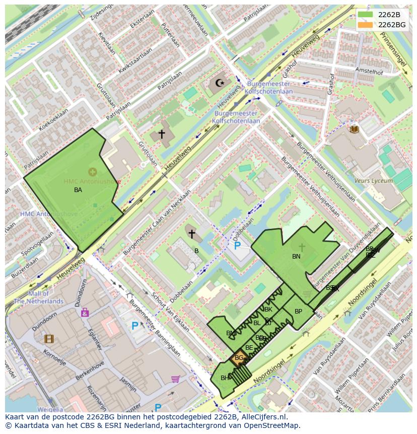 Afbeelding van het postcodegebied 2262 BG op de kaart.