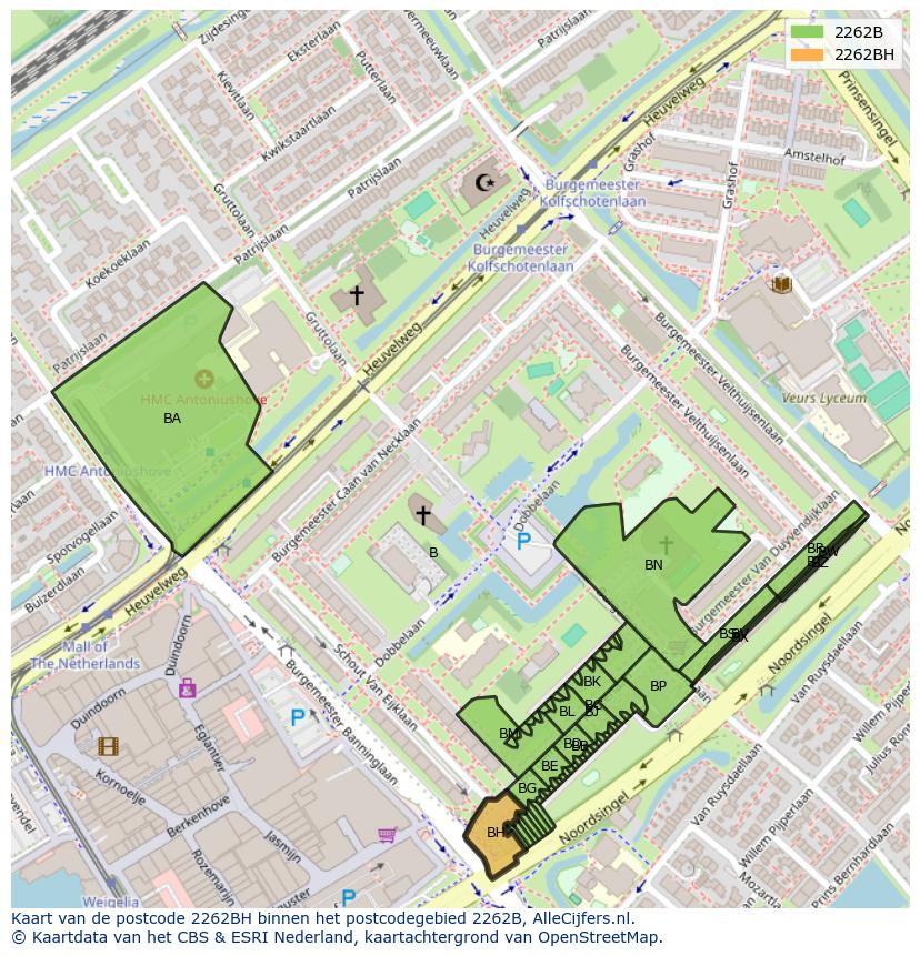 Afbeelding van het postcodegebied 2262 BH op de kaart.