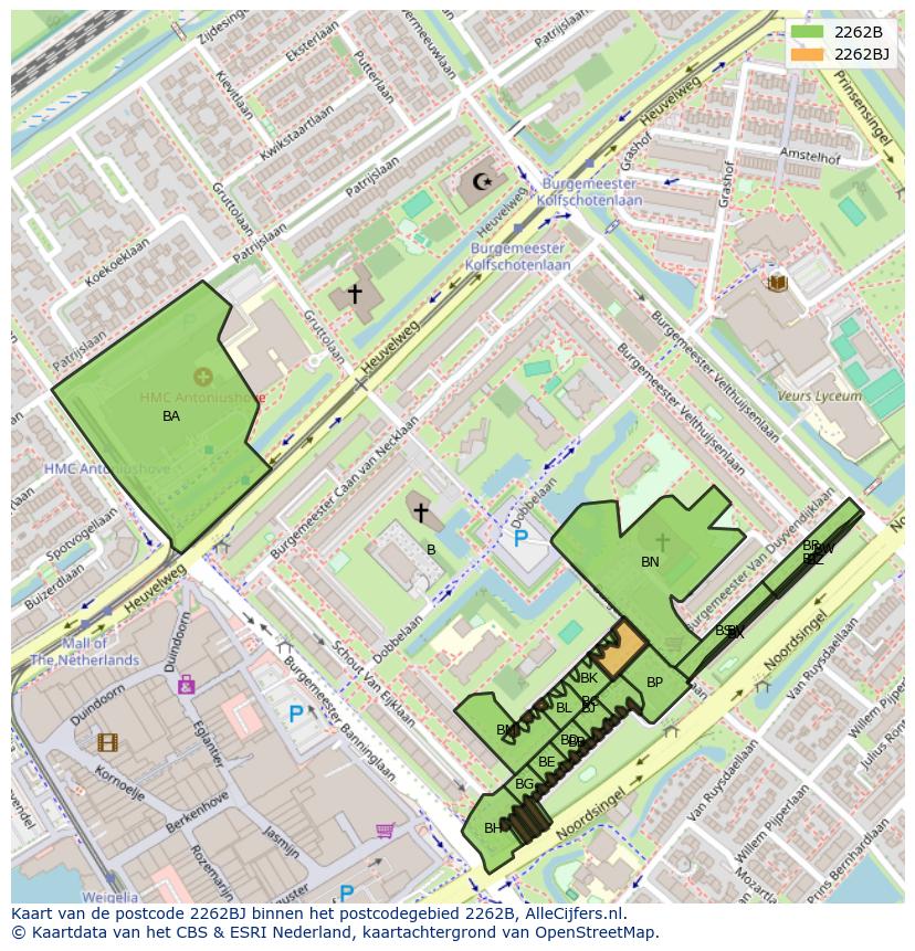 Afbeelding van het postcodegebied 2262 BJ op de kaart.