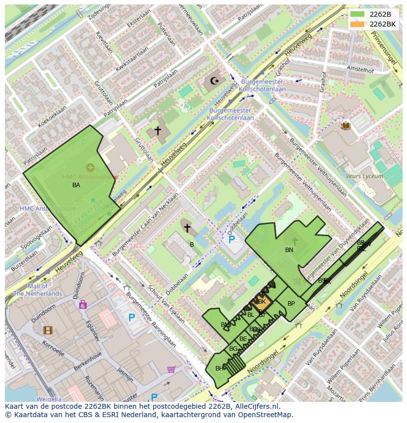 Afbeelding van het postcodegebied 2262 BK op de kaart.