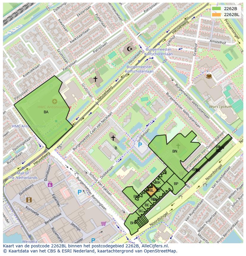 Afbeelding van het postcodegebied 2262 BL op de kaart.