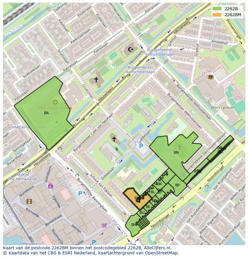 Afbeelding van het postcodegebied 2262 BM op de kaart.