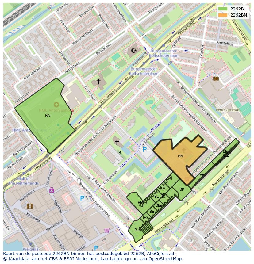 Afbeelding van het postcodegebied 2262 BN op de kaart.