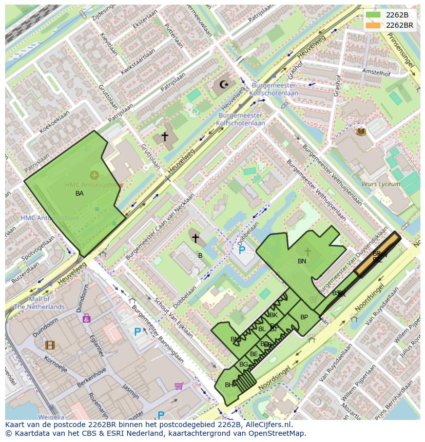 Afbeelding van het postcodegebied 2262 BR op de kaart.