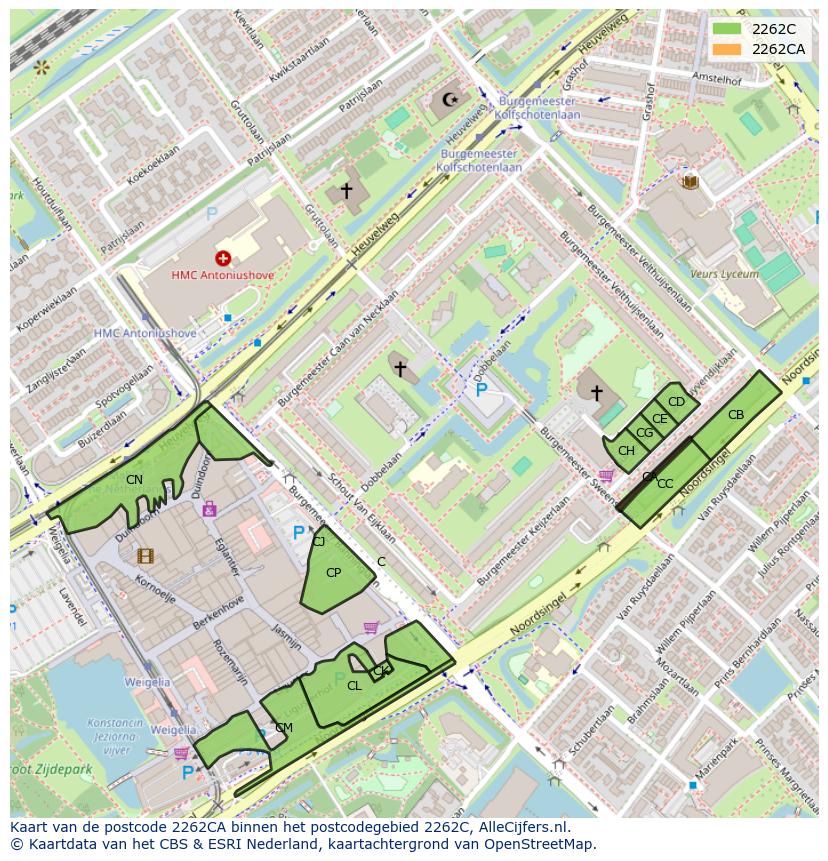 Afbeelding van het postcodegebied 2262 CA op de kaart.